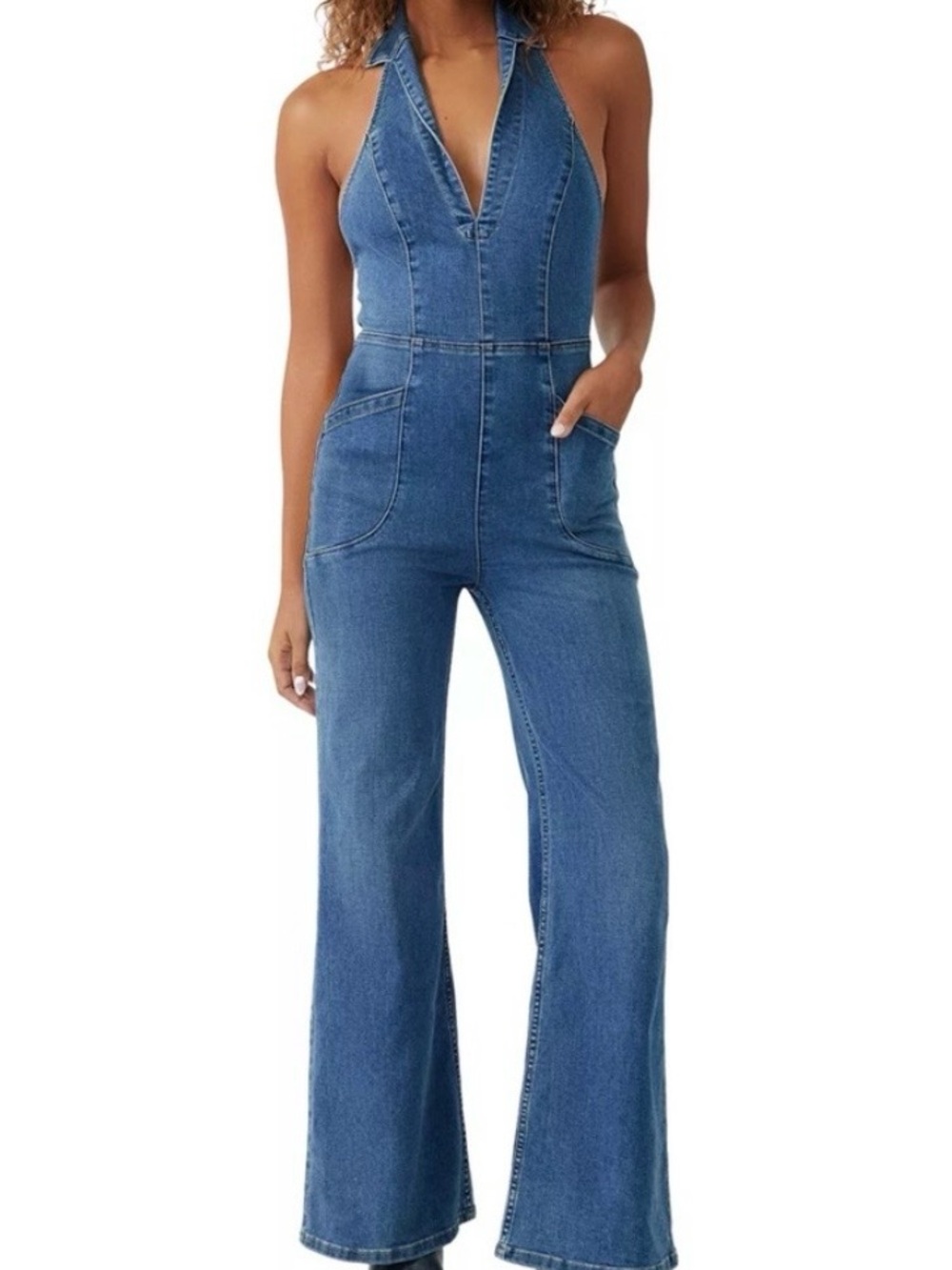 We The Free Denim Halter Flared Jumpsuit